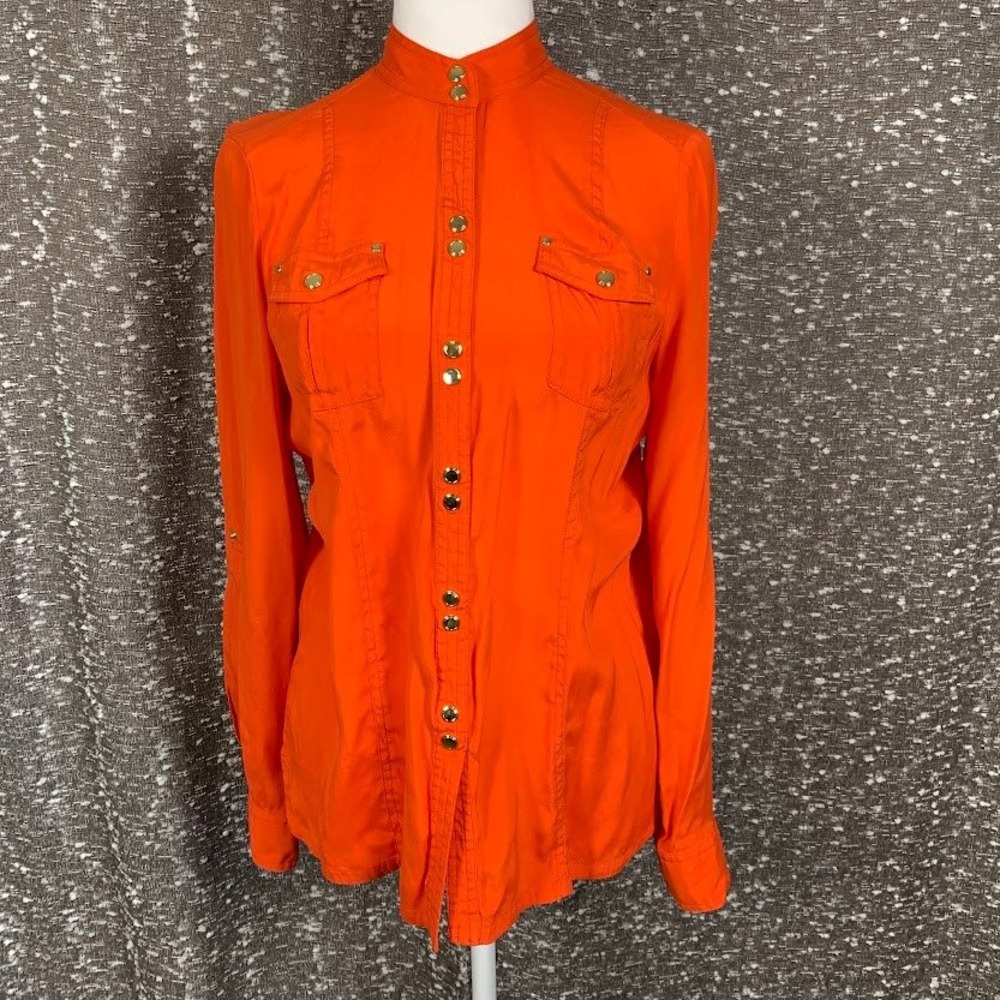 Cache Orange Mandarin Collar Gold Button Roll Tab Sleeve Blouse Utility Womens M